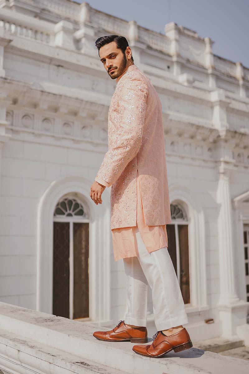 Peach Embroidered Raw Silk Short Sherwani (3-Piece) - Image 4