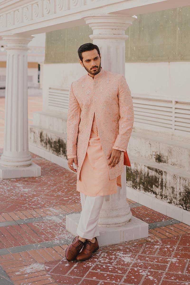 Peach Embroidered Raw Silk Short Sherwani (3-Piece) - Image 5