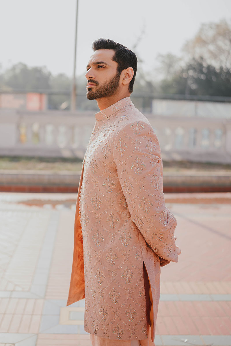Peach Embroidered Raw Silk Short Sherwani (3-Piece) - Image 6
