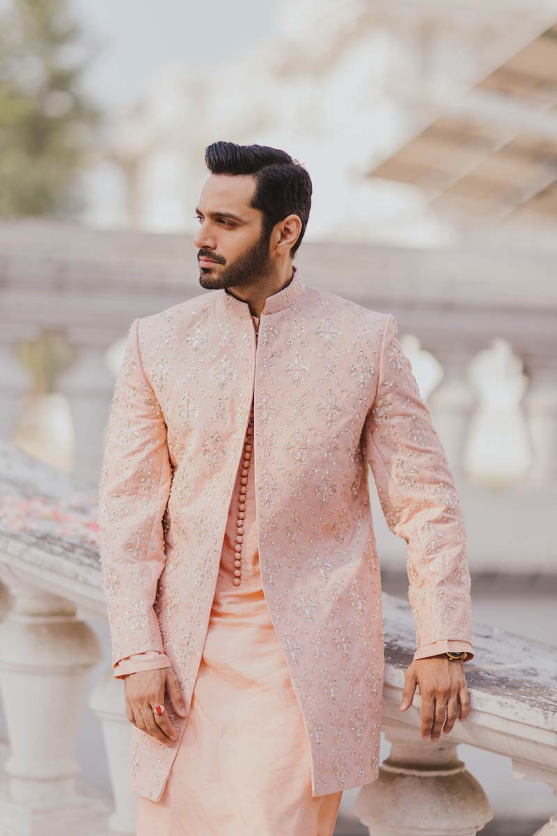 Peach Embroidered Raw Silk Short Sherwani (3-Piece) - Image 7