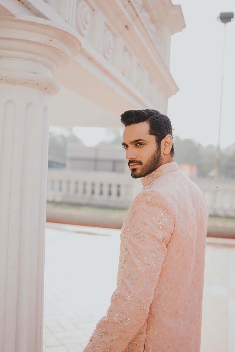 Peach Embroidered Raw Silk Short Sherwani (3-Piece) - Image 8