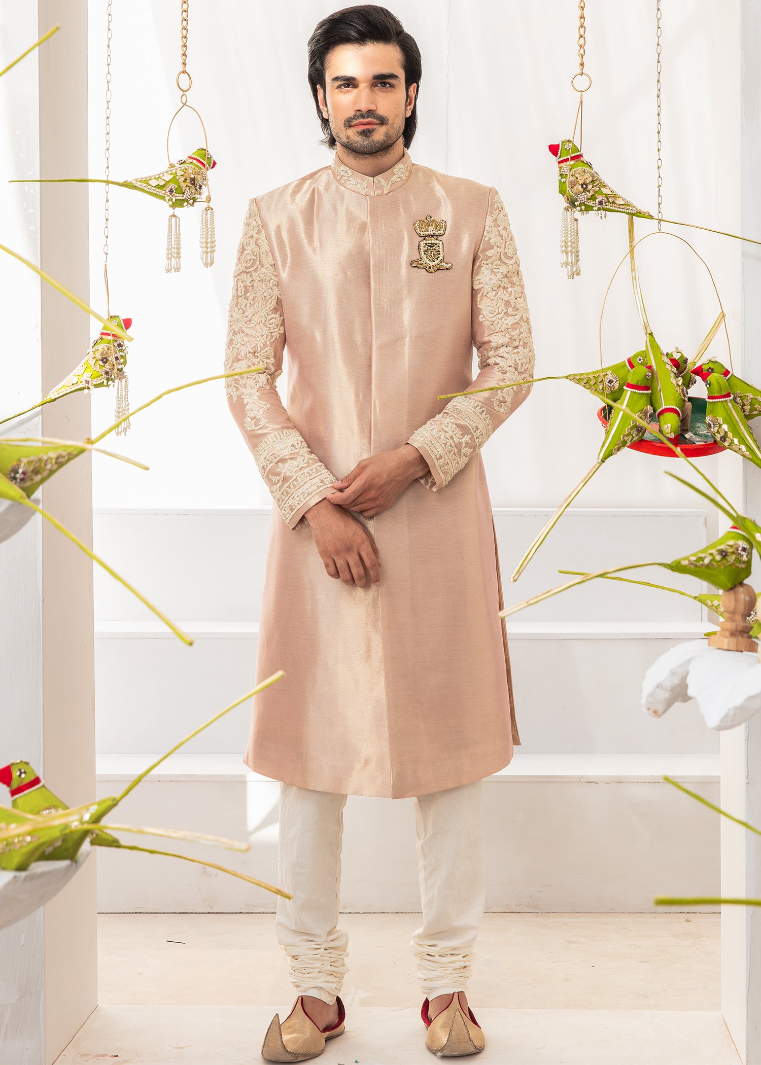 Blush Pink Embroidered Raw Silk Sherwani (2-Piece) - Image 1