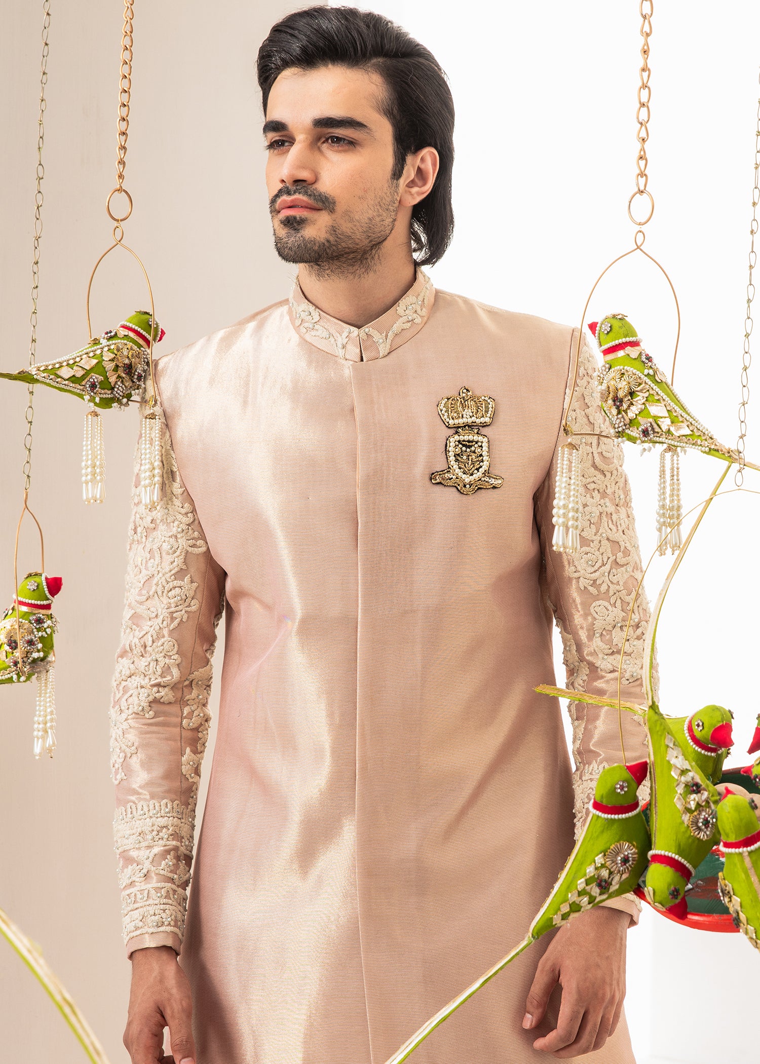 Blush Pink Embroidered Raw Silk Sherwani (2-Piece) - Image 3