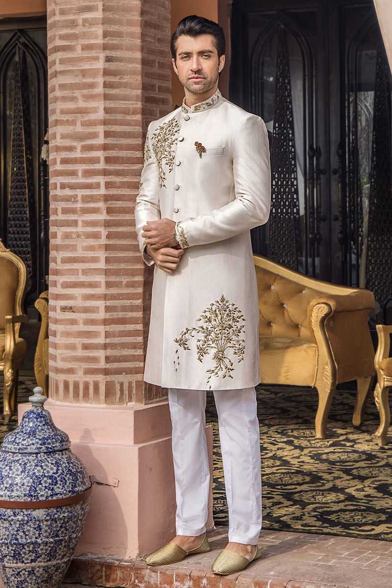 Pale Pink Embroidered Raw Silk Sherwani (2-Piece) - Image 1