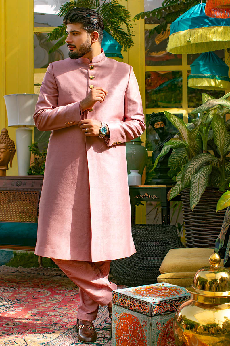 Dusty Pink Pure Raw Silk Sherwani (2-Piece) - Image 1