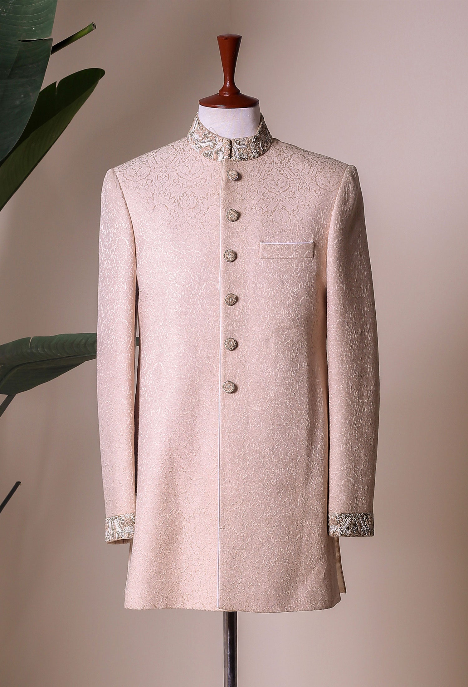 Powder Pink Embroidered Self Karandi Achkan Sherwani (2-Piece) - Image 1