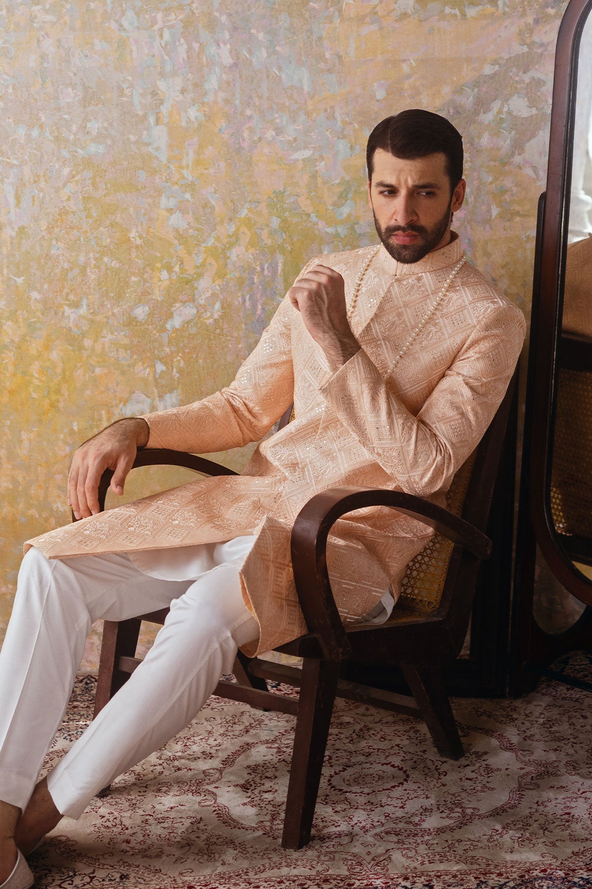 Peach Embroidered Silk-Blend Sherwani (2-Piece) - Image 1