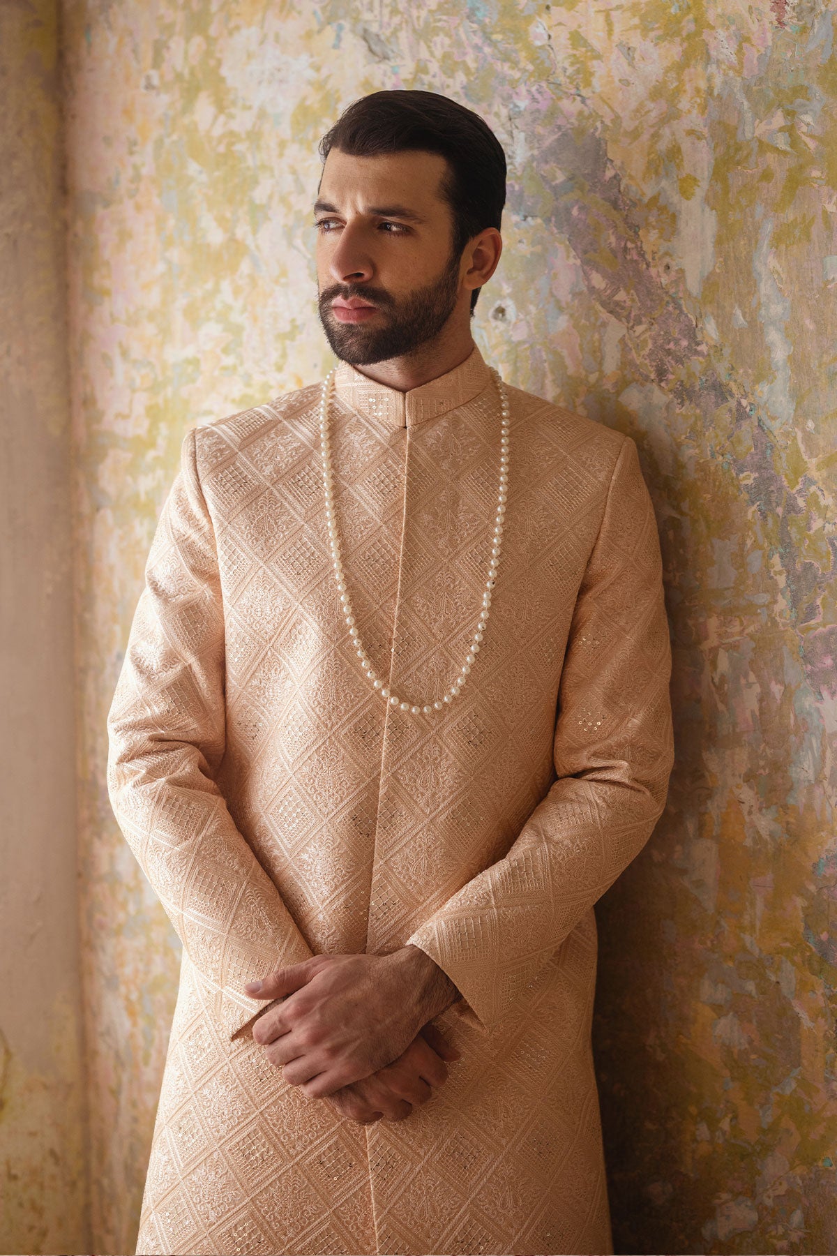 Peach Embroidered Silk-Blend Sherwani (2-Piece) - Image 3