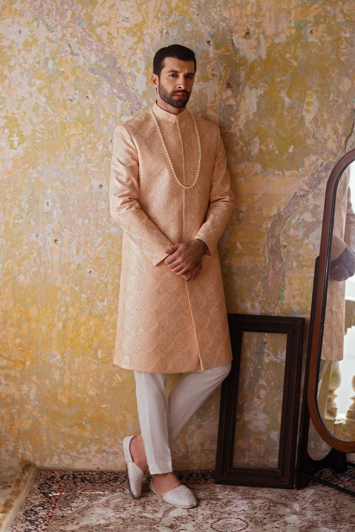 Peach Embroidered Silk-Blend Sherwani (2-Piece) - Image 4
