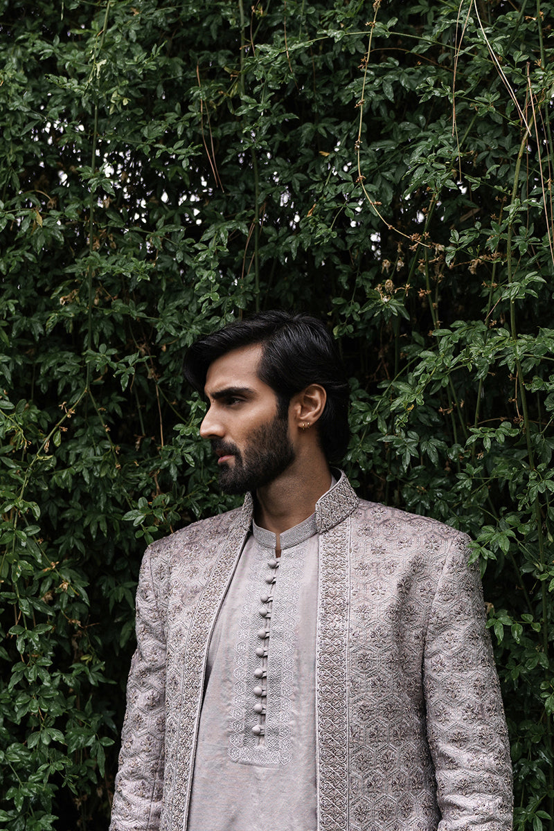 Mauve Hand-Embroidered Silk-Blend Achkan Sherwani (3-Piece) - Image 2