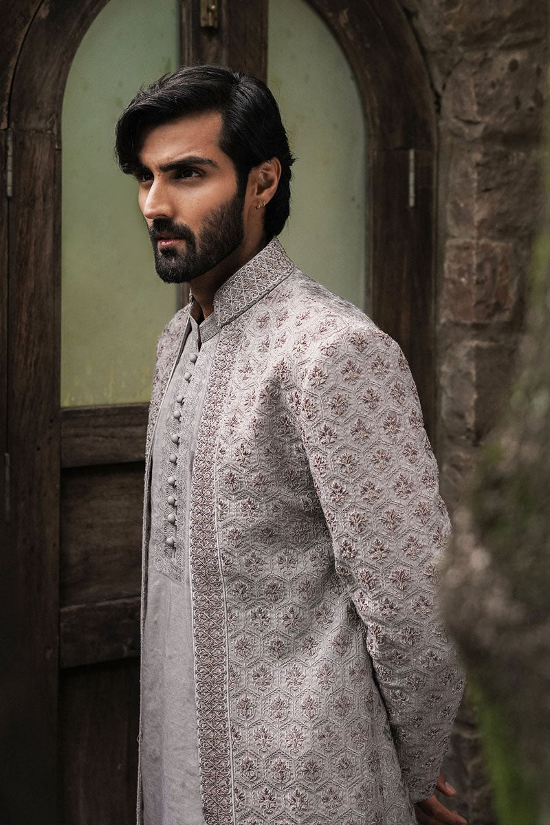 Mauve Hand-Embroidered Silk-Blend Achkan Sherwani (3-Piece) - Image 3