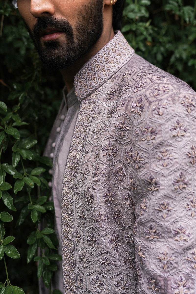Mauve Hand-Embroidered Silk-Blend Achkan Sherwani (3-Piece) - Image 4