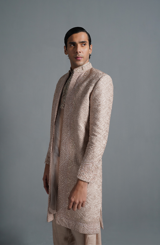 Primrose Pink Embroidered Silk-Blend Sherwani (2-Piece) - Image 1