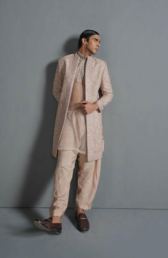 Primrose Pink Embroidered Silk-Blend Sherwani (2-Piece) - Image 2