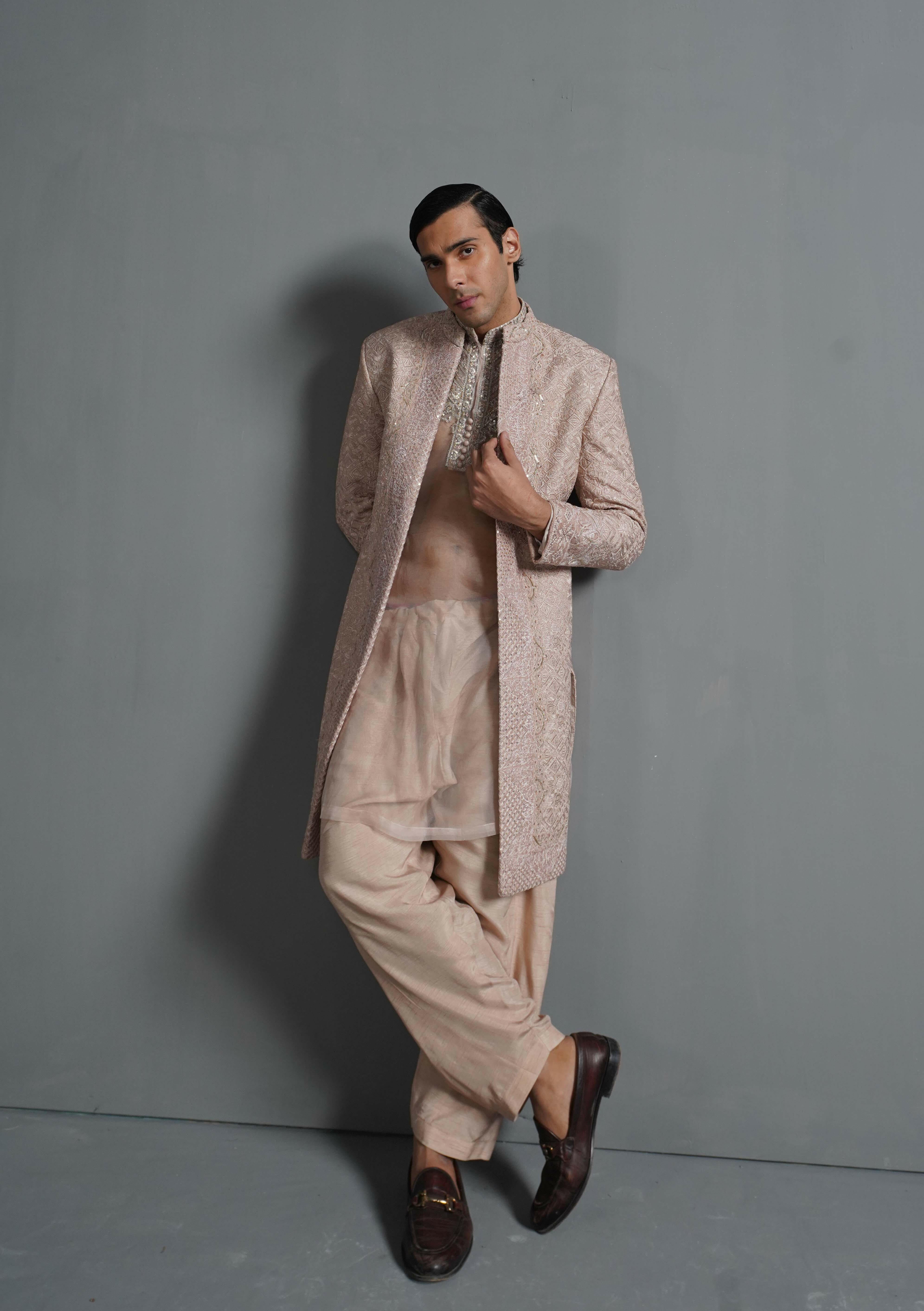 Primrose Pink Embroidered Silk-Blend Sherwani (2-Piece) - Image 4