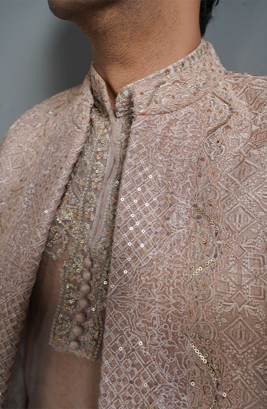 Primrose Pink Embroidered Silk-Blend Sherwani (2-Piece) - Image 6