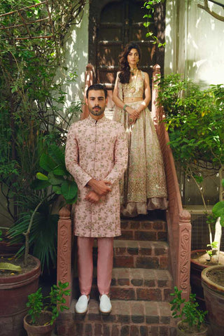 Blush Pink Embroidered Silk-Blend Achkan Sherwani (2-Piece) - Image 2