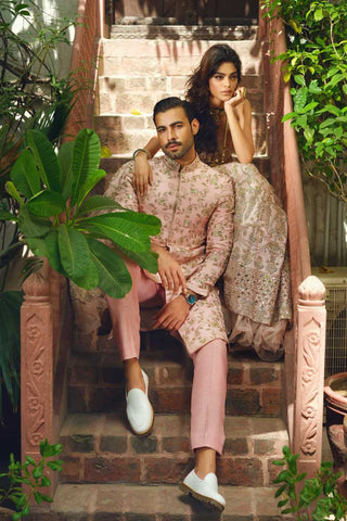 Blush Pink Embroidered Silk-Blend Achkan Sherwani (2-Piece) - Image 3