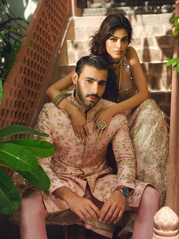 Blush Pink Embroidered Silk-Blend Achkan Sherwani (2-Piece) - Image 4