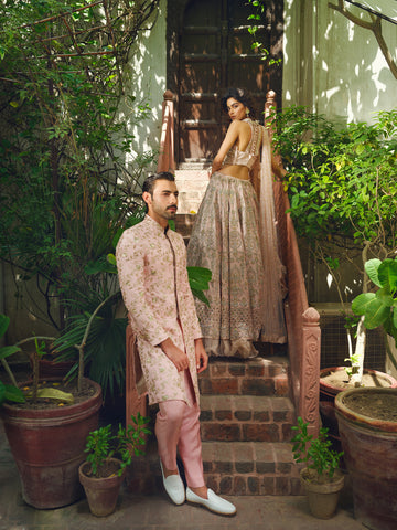 Blush Pink Embroidered Silk-Blend Achkan Sherwani (2-Piece) - Image 5