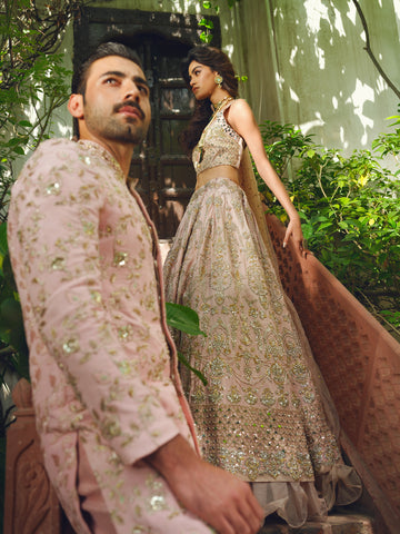 Blush Pink Embroidered Silk-Blend Achkan Sherwani (2-Piece) - Image 6