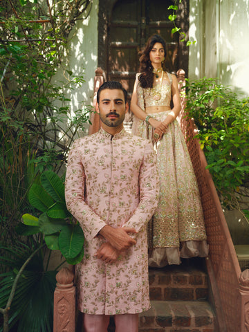 Blush Pink Embroidered Silk-Blend Achkan Sherwani (2-Piece) - Image 7