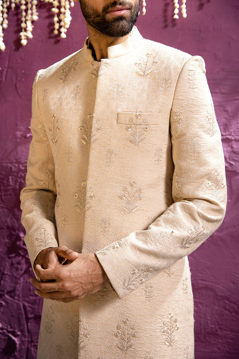 Powder Pink Embroidered Silk-Blend Achkan Sherwani (2-Piece) - Image 1
