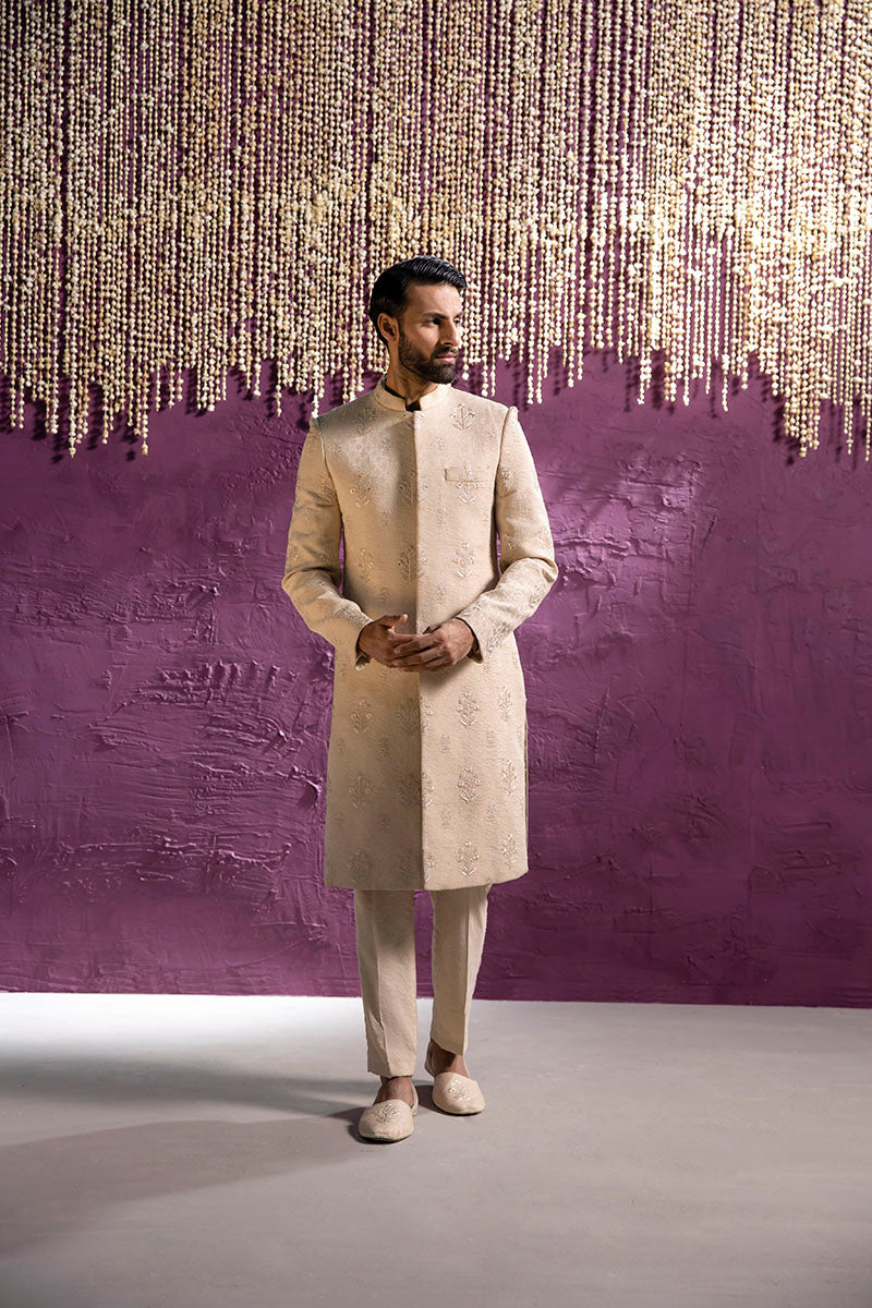 Powder Pink Embroidered Silk-Blend Achkan Sherwani (2-Piece) - Image 2