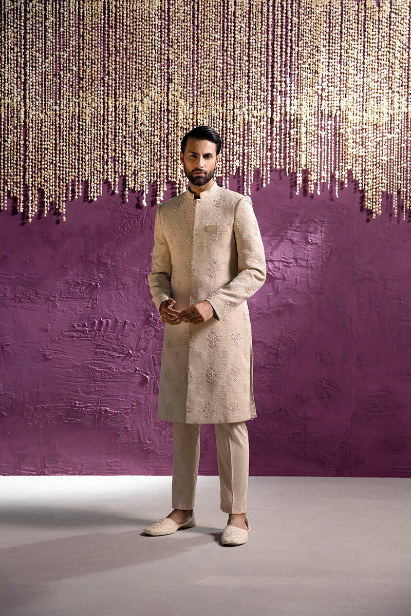 Powder Pink Embroidered Silk-Blend Achkan Sherwani (2-Piece) - Image 3