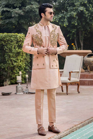 Dusky Pink Hand-Embellished Pure Silk Sherwani (2-Piece) - Image 3
