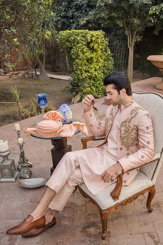 Dusky Pink Hand-Embellished Pure Silk Sherwani (2-Piece) - Image 9