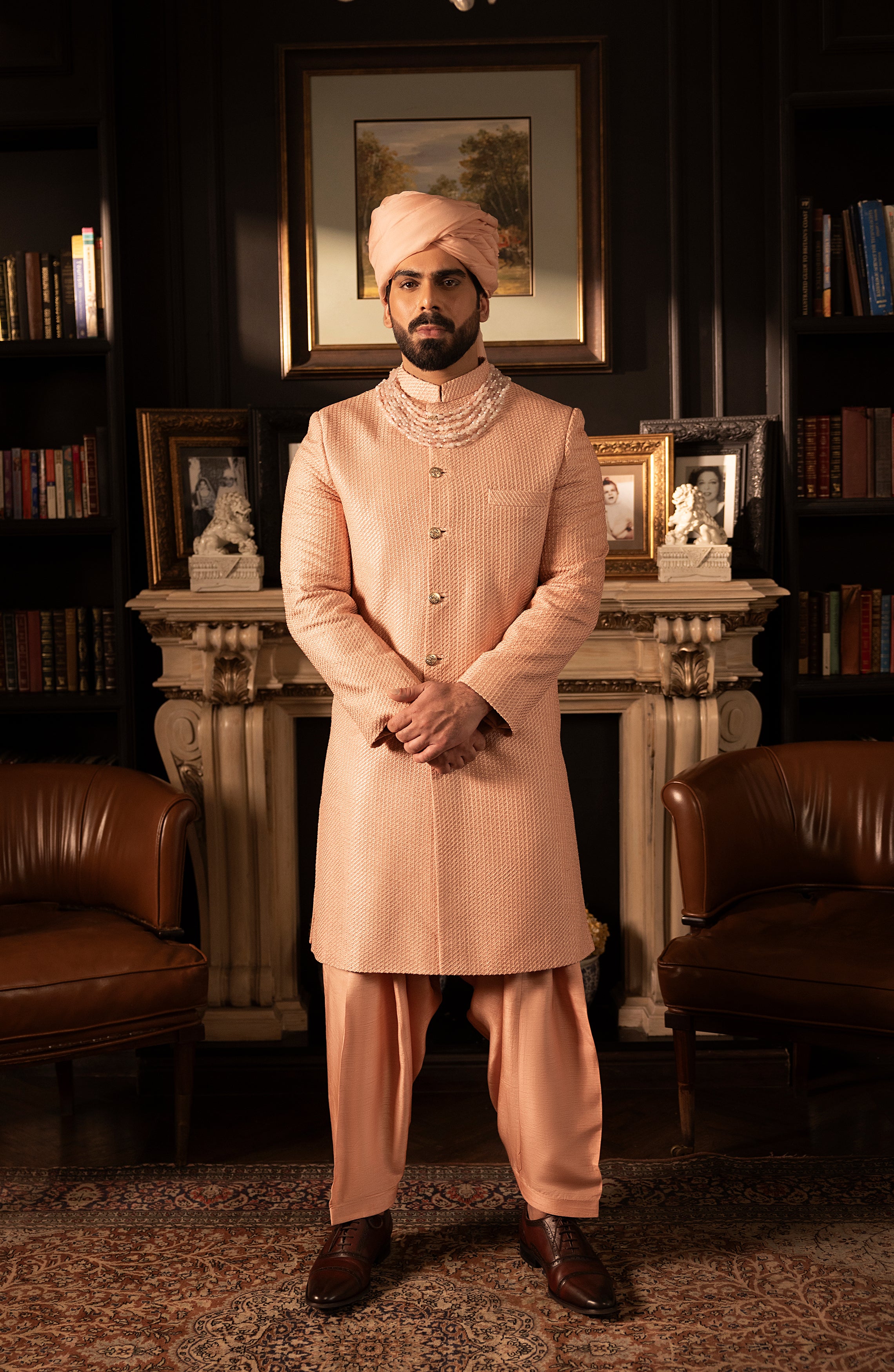 Salmon Pink Self-Embroidered Silk Sherwani (3-Piece) - Image 1