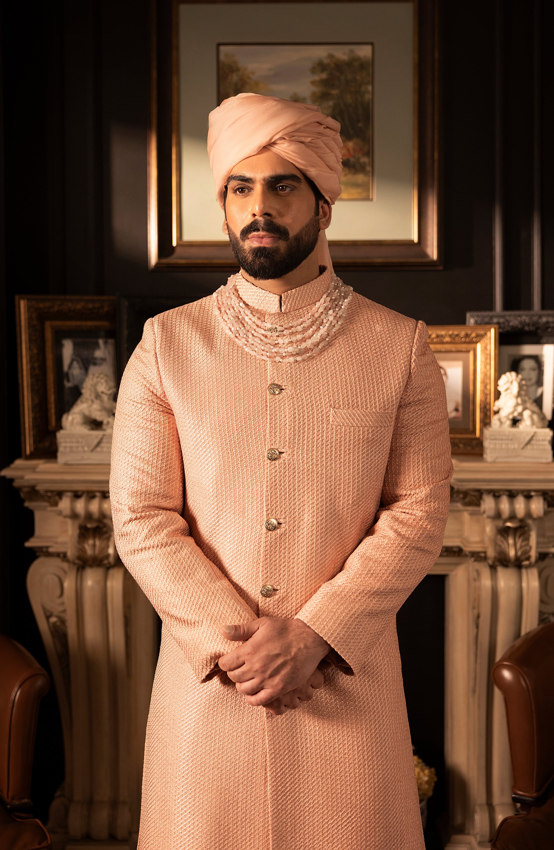 Salmon Pink Self-Embroidered Silk Sherwani (3-Piece) - Image 2
