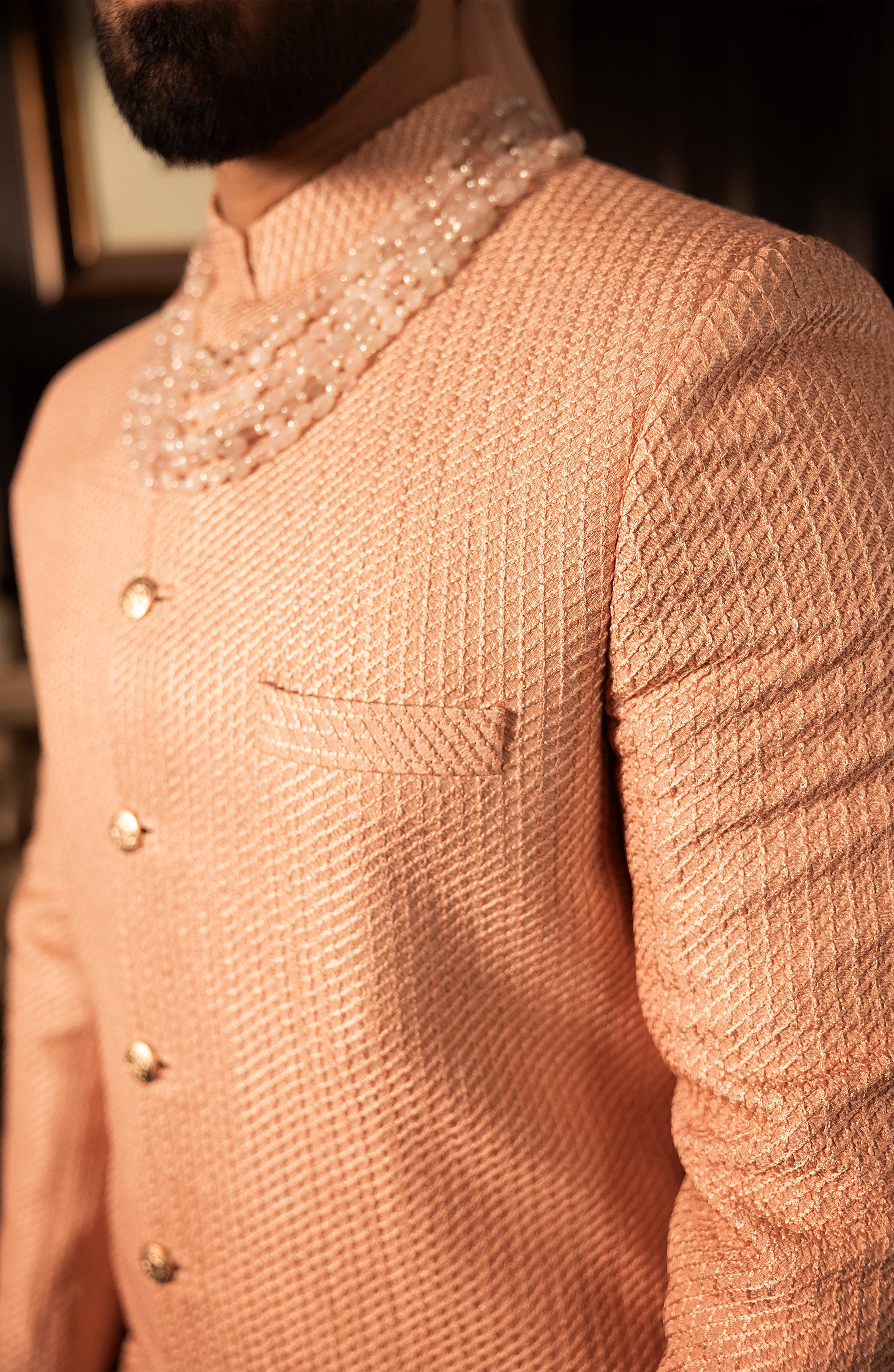 Salmon Pink Self-Embroidered Silk Sherwani (3-Piece) - Image 3