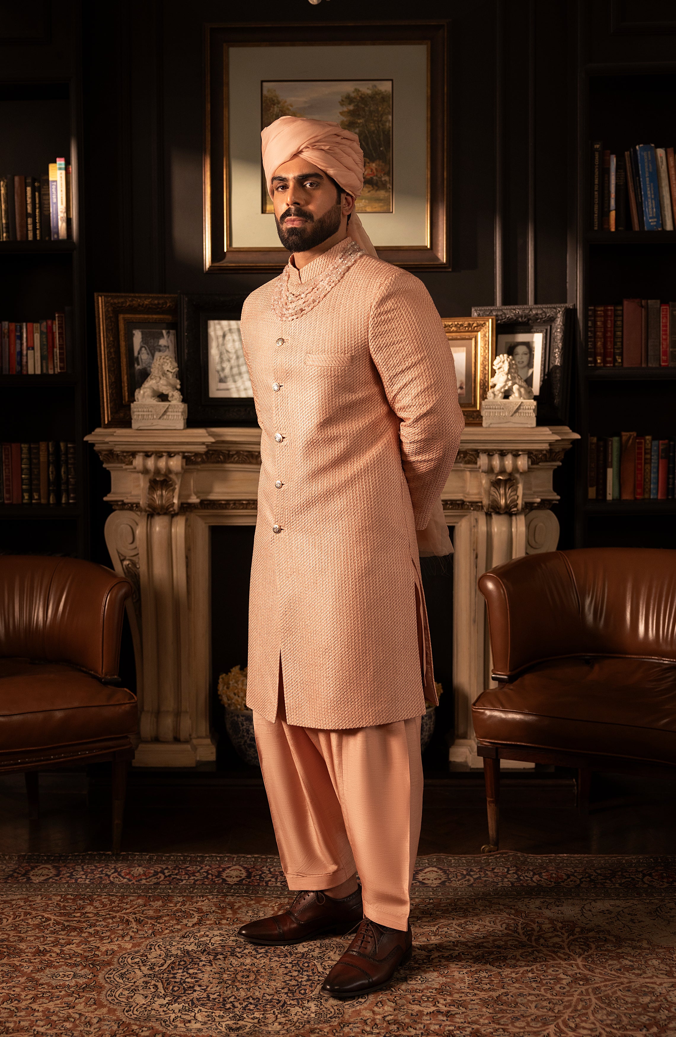 Salmon Pink Self-Embroidered Silk Sherwani (3-Piece) - Image 4