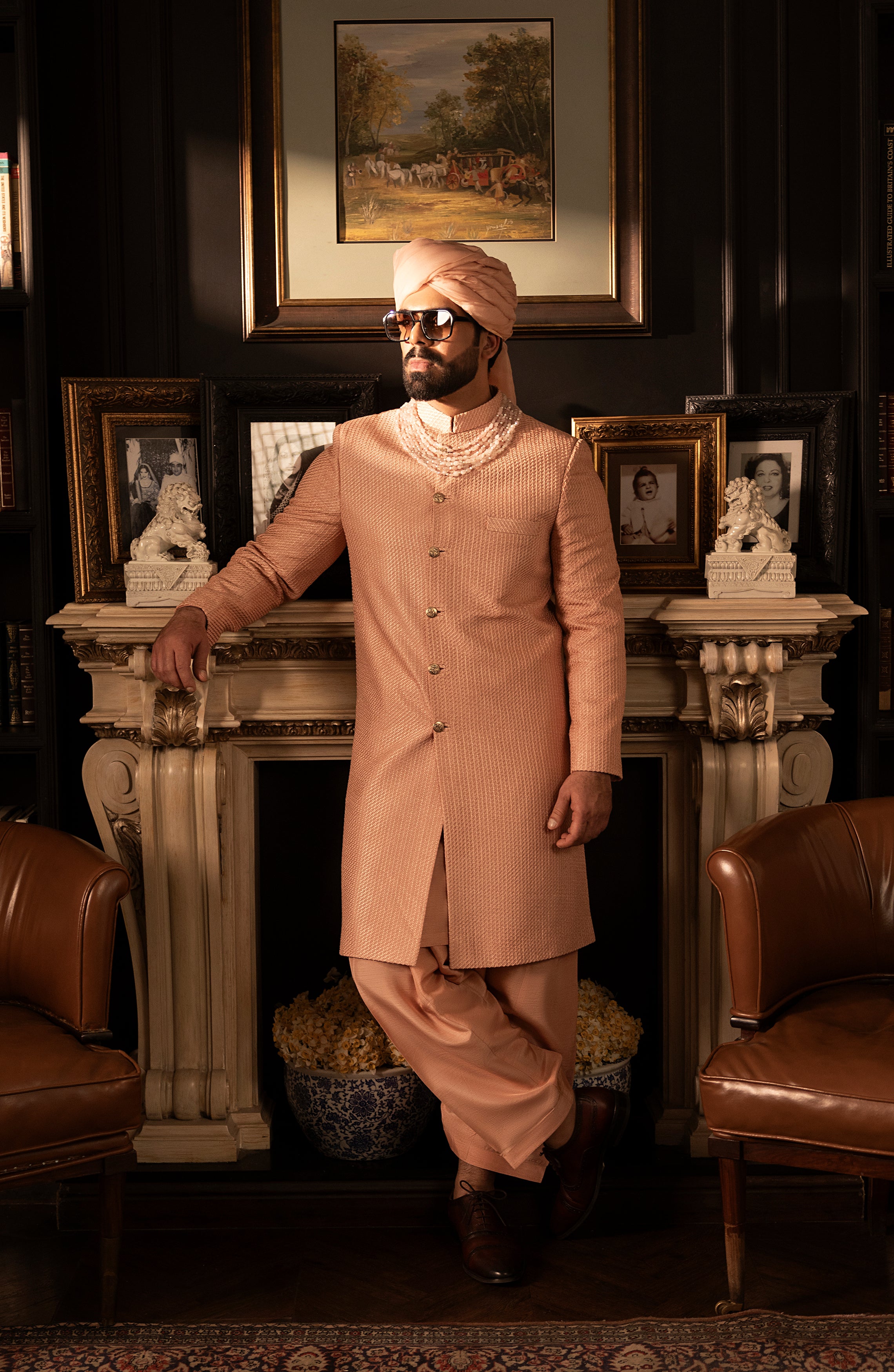 Salmon Pink Self-Embroidered Silk Sherwani (3-Piece) - Image 5