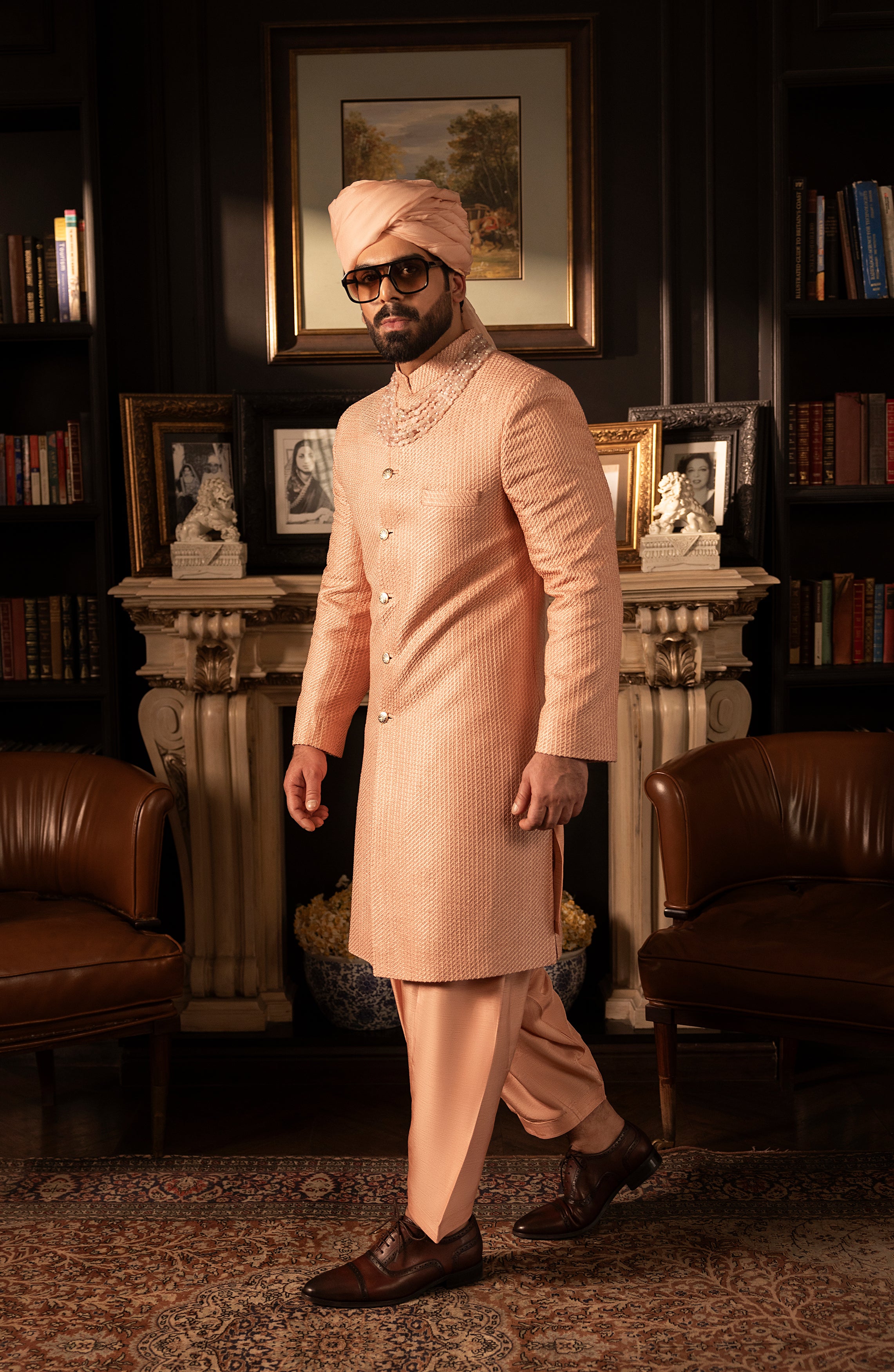 Salmon Pink Self-Embroidered Silk Sherwani (3-Piece) - Image 6
