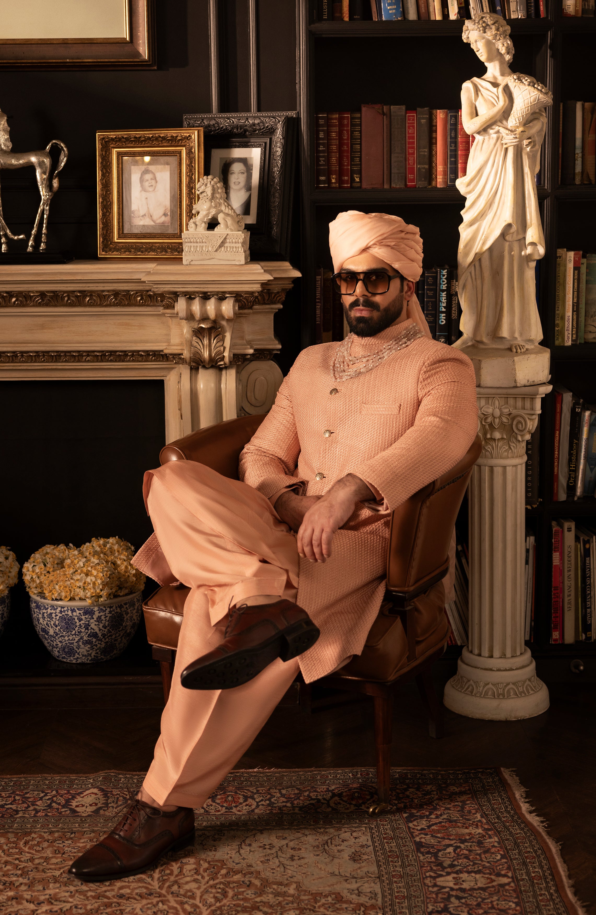 Salmon Pink Self-Embroidered Silk Sherwani (3-Piece) - Image 7