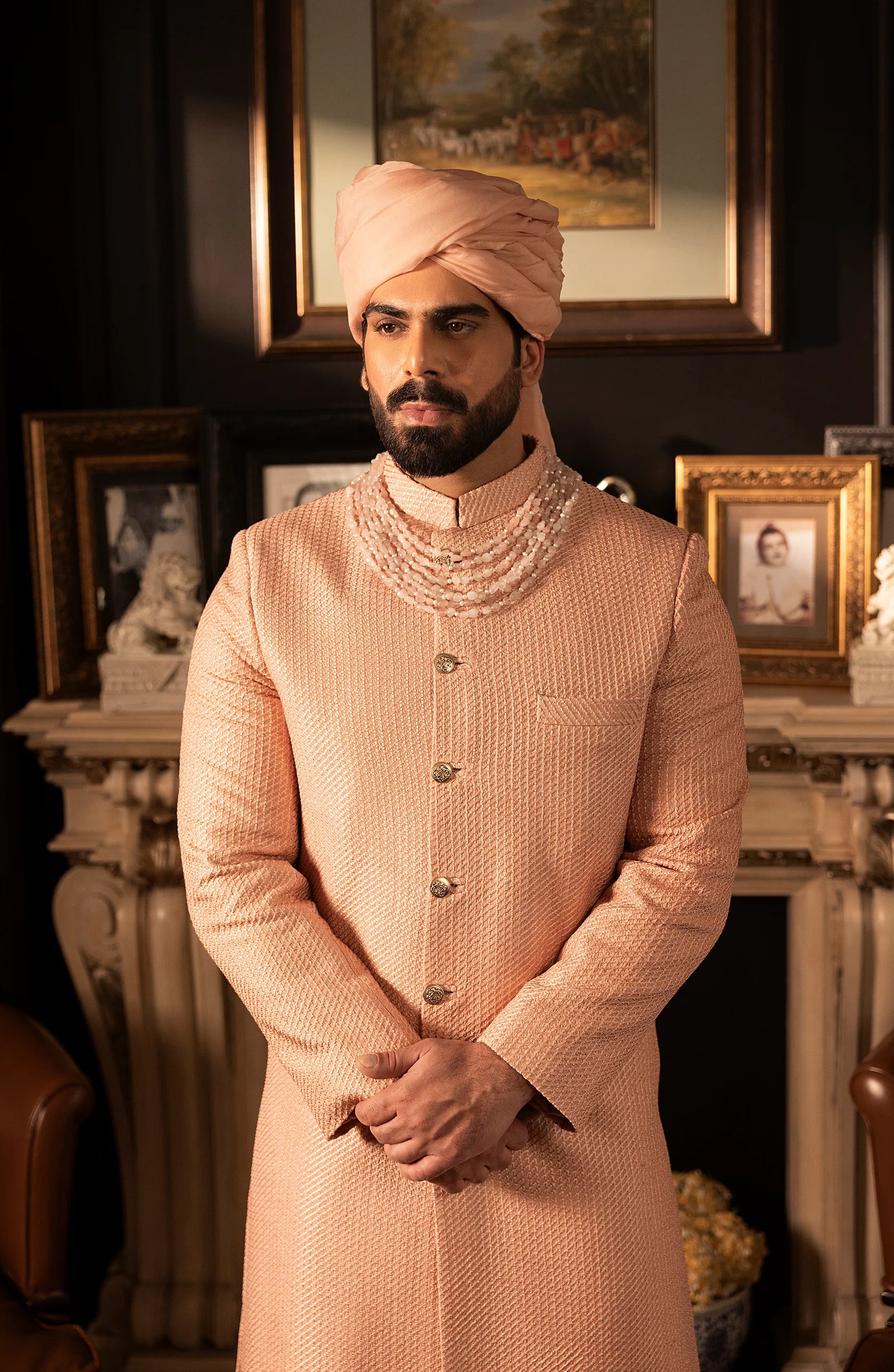 Salmon Pink Self-Embroidered Silk Sherwani (3-Piece) - Image 9