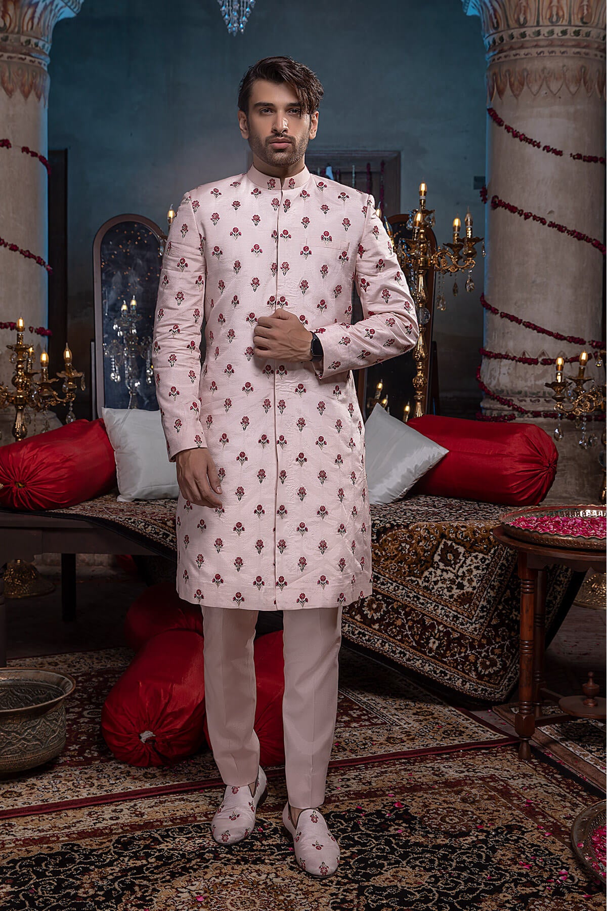 Blush Pink Embroidered Silk Sherwani (2-Piece) - Image 3
