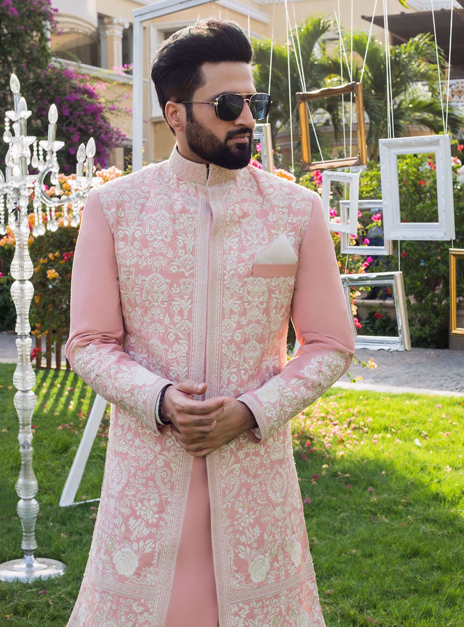 Peach Embroidered Suiting Fabric Achkan Sherwani (2-Piece) - Image 3