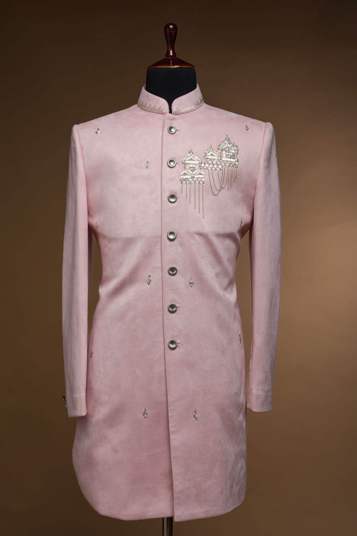 Pink Suede Embroidered Achkan Sherwani (2-Piece) - Image 1