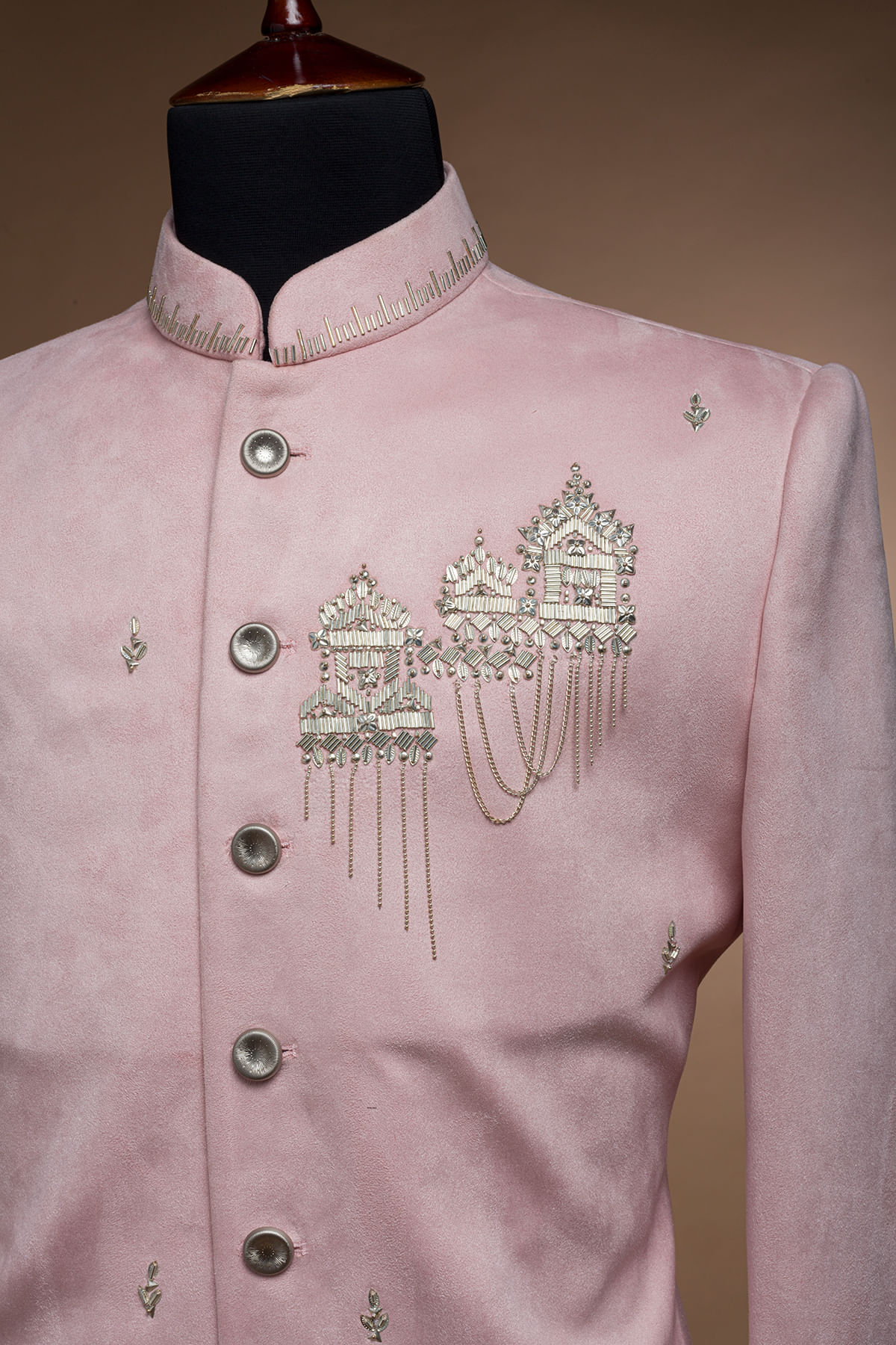Pink Suede Embroidered Achkan Sherwani (2-Piece) - Image 2