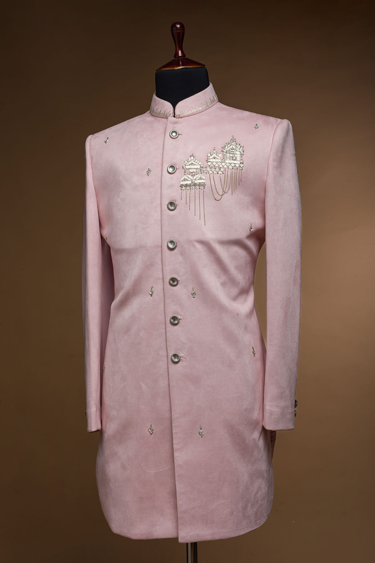 Pink Suede Embroidered Achkan Sherwani (2-Piece) - Image 3