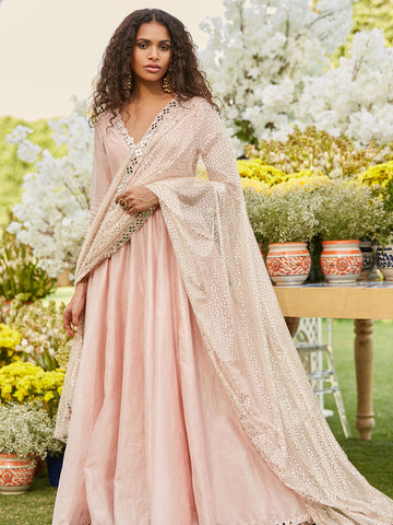 Blush Pink Hand-Embroidered Chanderi Net Anarkali (2-Piece) - Image 2