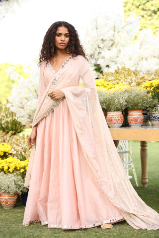 Blush Pink Hand-Embroidered Chanderi Net Anarkali (2-Piece) - Image 4