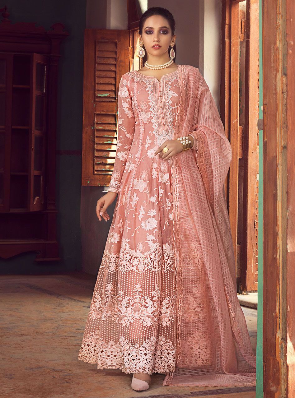 Blush Pink Embroidered Chiffon Anarkali Dress (3-Piece) - Image 1