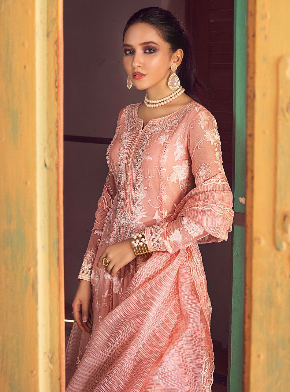 Blush Pink Embroidered Chiffon Anarkali Dress (3-Piece) - Image 2