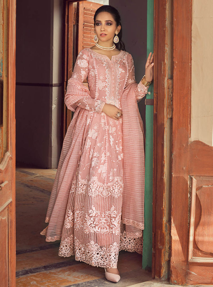 Blush Pink Embroidered Chiffon Anarkali Dress (3-Piece) - Image 4