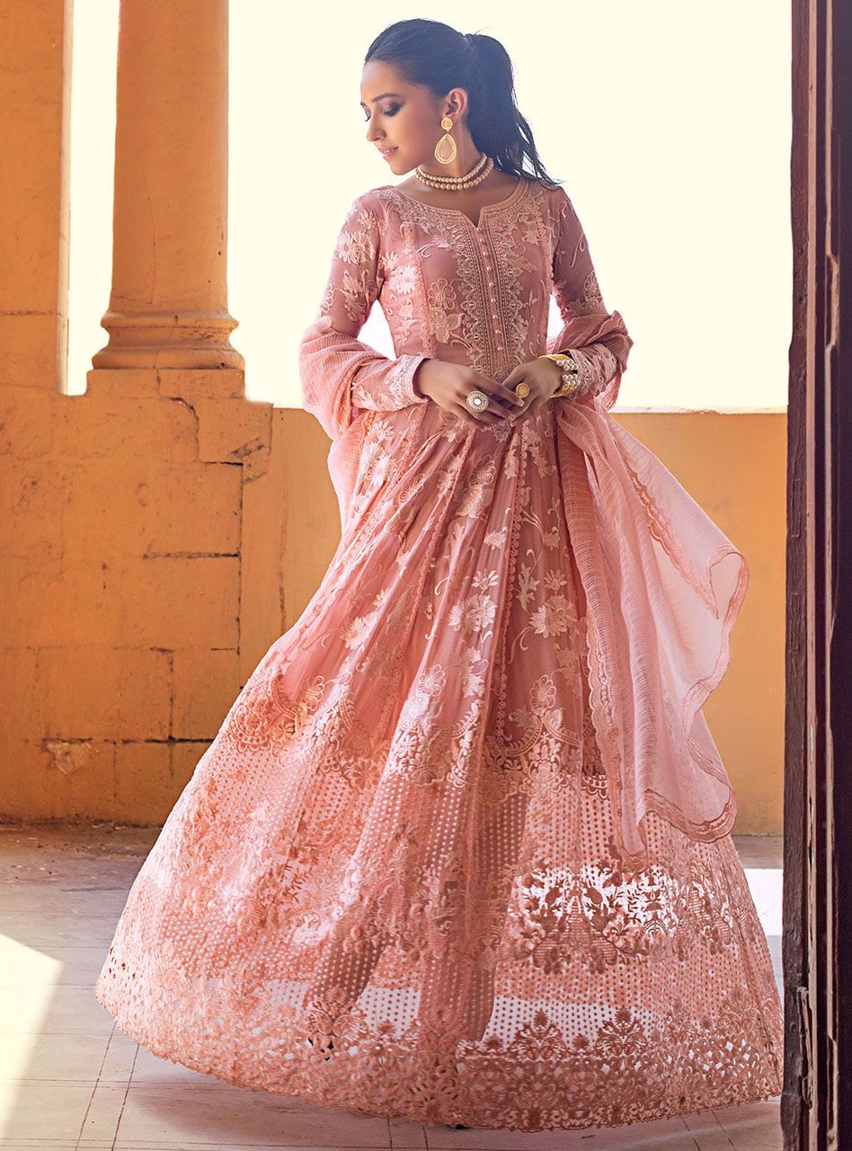 Blush Pink Embroidered Chiffon Anarkali Dress (3-Piece) - Image 5